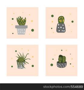 Vector cactus design set. 4 houseplant compositions in doodle style.