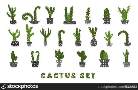 Vector cactus design set. Handdrawn collection of houseplants in cement pots.