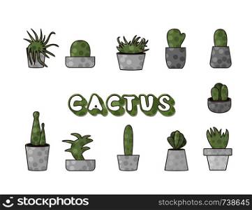 Vector cactus design set. Houseplant collection with lettering in doodle style.