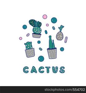 Vector cactus design set. Houseplant composition with lettering in doodle style.