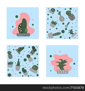 Vector cactus design set. Houseplant rectangle compositions in doodle style for social media.