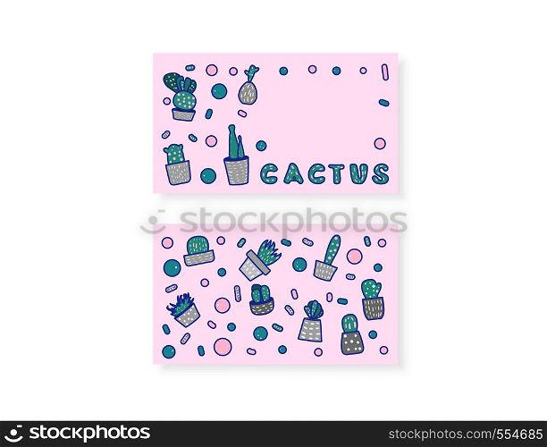 Vector cactus design set of cards. Houseplant compositions with lettering and empty space for text in doodle style.