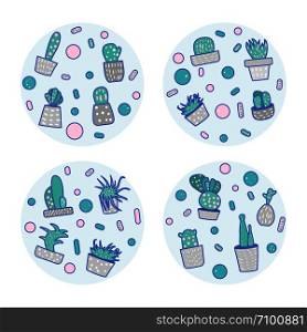 Vector cactus design set of round badges. Houseplant circle compositions in doodle style.