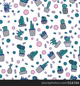 Vector cactus seamless pattern. Houseplant background in doodle style.
