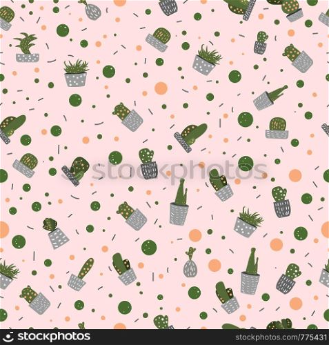 Vector cactus seamless patternt. Houseplant background in doodle style.