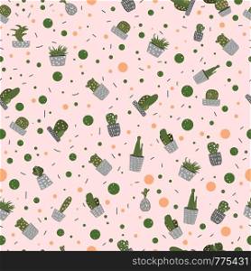 Vector cactus seamless patternt. Houseplant background in doodle style.