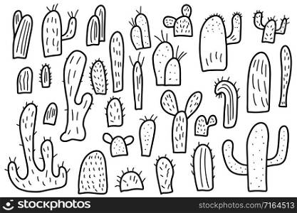 Vector cactus sketch design set. Collection of plants in doodle style.