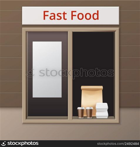 Vector Cafe Take Away Window with Handle Lunch Bag Carton Hamburger Classic Burger Containers and Brown Paper Cardboard Cups For Coffee. Vector Cafe Take Away Window