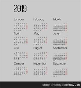 Vector calendar 2019 year. Planner design. Calendar 2019 vector template. Eps10. Vector calendar 2019 year. Planner design. Calendar 2019 vector template