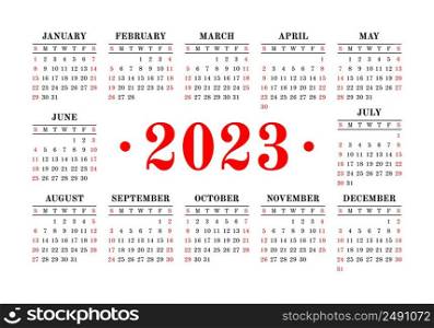 Vector calendar 2023 year. Landscape design. English horizontal wall or pocket calender template.. Vector calendar 2023 year. Landscape design. English horizontal wall or pocket calender template