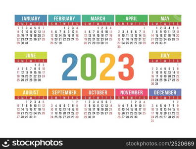 Vector calendar 2023 year. Landscape design. English horizontal wall or pocket calender template.