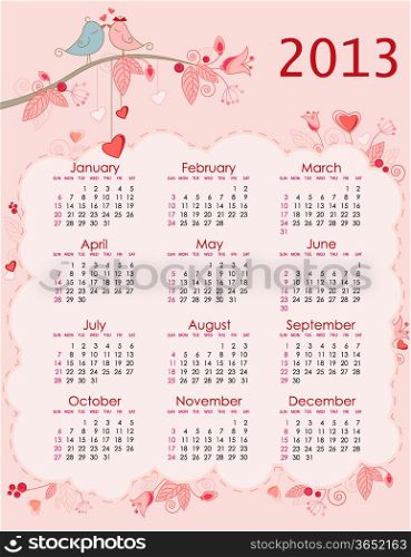 Vector calendar for 2013 with birds on a pink background
