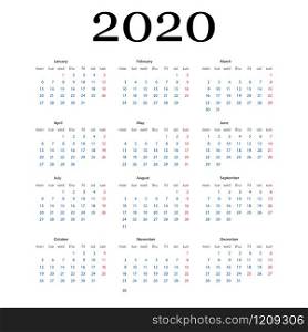 Vector calendar for 2020 year.2020 calendar template