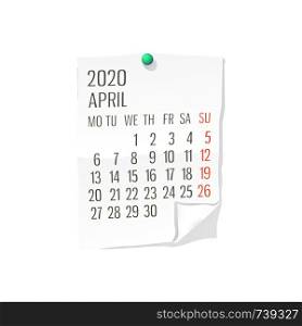 Vector calendar for April ,2020 on white paper with holding pin over white background