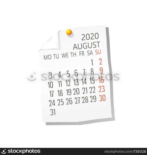 Vector calendar for August 2020 on white paper with holding pin over white background
