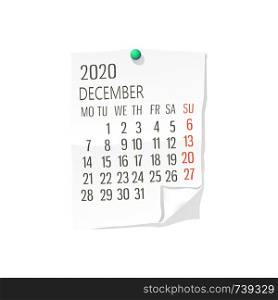 Vector calendar for December,2020 on white paper with holding pin over white background