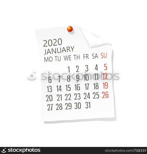 Vector calendar for January 2020 on white paper with holding pin over white background
