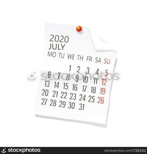 Vector calendar for July,2020 on white paper with holding pin over white background