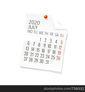Vector calendar for July,2020 on white paper with holding pin over white background