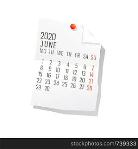 Vector calendar for June ,2020 on white paper with holding pin over white background
