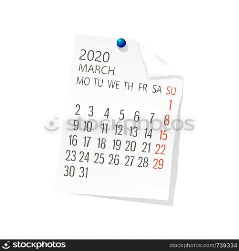 Vector calendar for March ,2020 on white paper with holding pin over white background