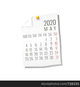 Vector calendar for May ,2020 on white paper with holding pin over white background