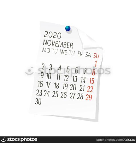 Vector calendar for November ,2020 on white paper with holding pin over white background