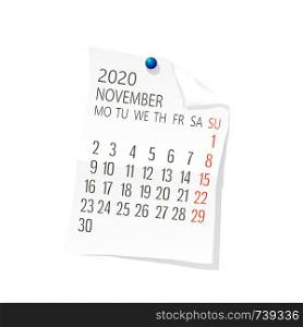 Vector calendar for November ,2020 on white paper with holding pin over white background