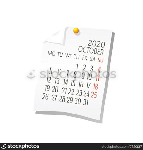 Vector calendar for October ,2020 on white paper with holding pin over white background