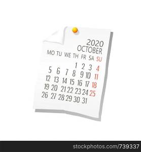 Vector calendar for October ,2020 on white paper with holding pin over white background