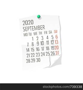 Vector calendar for September,2020 on white paper with holding pin over white background
