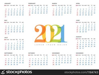 Vector calendar layout template for the year 2021