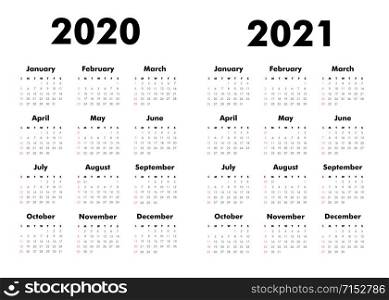 Vector Calendar on 2020, 2021 years. Week starts Sunday. Stationery calender template in minimal design. Yearly organizer. Business illustration.