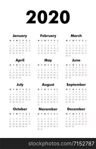 Vector Calendar on 2020 year. Week starts Monday. Stationery calender template in minimal design. Yearly organizer. Business illustration.