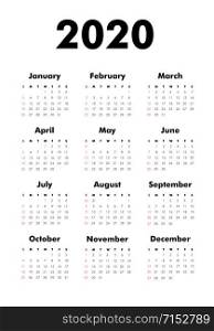 Vector Calendar on 2020 year. Week starts Sunday. Stationery calender template in minimal design. Yearly organizer. Business illustration.
