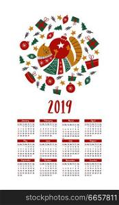 Vector calendar template 2019. Cute fat cat in a knitted sweater. Christmas toys and gifts.. Calendar 2019. Cute animals in knitted sweaters.