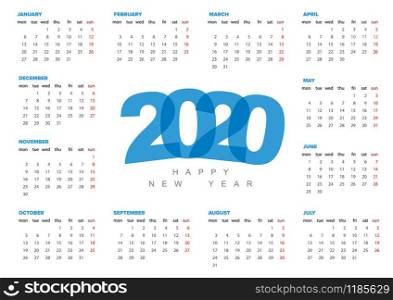 Vector calendar template for the year 2020. Calendar template 2020