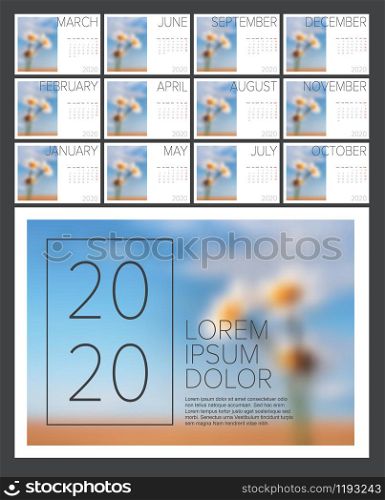 Vector calendar template with sample nature photo for the year 2020 - 12 sheets + cover. Calendar template 2020