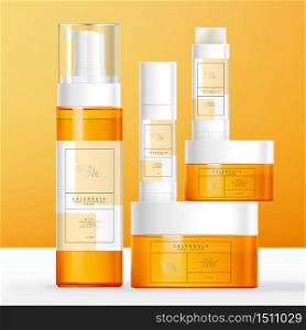 Vector Calendula Theme Skin Care, Beauty or Toiletries Packaging with Lip Balm Tube, Transparent Tinted Orange Foaming Bottle & Jar.
