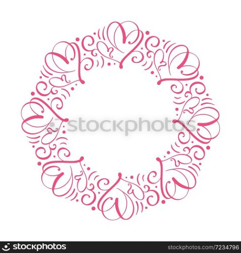 Vector calligraphic flourish wreath. Romantic round frames with hearts. For decorating greeting valentine card for Valentines day, wedding banner, poster invitation.. Vector calligraphic flourish wreath. Romantic round frames with hearts. For decorating greeting valentine card for Valentines day, wedding banner, poster invitation