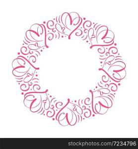 Vector calligraphic flourish wreath. Romantic round frames with hearts. For decorating greeting valentine card for Valentines day, wedding banner, poster invitation.. Vector calligraphic flourish wreath. Romantic round frames with hearts. For decorating greeting valentine card for Valentines day, wedding banner, poster invitation
