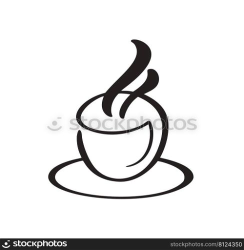 Vector calligraphy coffee or tea cup on saucer. Black and white calligraphic illustration. hand drawn design for logo, icon cafe, menu, textile material.. Vector calligraphy coffee or tea cup on saucer. Black and white calligraphic illustration. hand drawn design for logo, icon cafe, menu, textile material