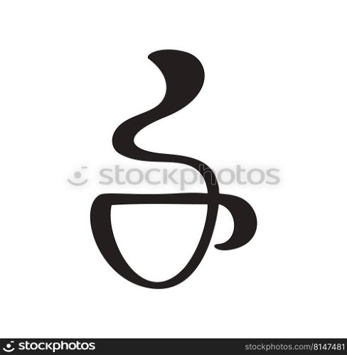 Vector calligraphy coffee or tea cup with steam. Black and white calligraphic illustration. hand drawn design for logo, icon cafe, menu, textile material.. Vector calligraphy coffee or tea cup with steam. Black and white calligraphic illustration. hand drawn design for logo, icon cafe, menu, textile material