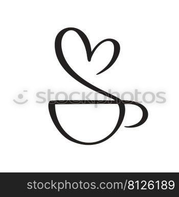 Vector calligraphy coffee or tea cup with steam of heart. Black and white calligraphic illustration. hand drawn design for logo, icon cafe, menu, textile material.. Vector calligraphy coffee or tea cup with steam of heart. Black and white calligraphic illustration. hand drawn design for logo, icon cafe, menu, textile material