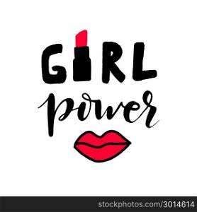 Vector calligraphy Girl power. Vector calligraphy phrase Girl power. Hand brush lettering, motivational and inspirational poster, banner, tshirt and prints design. Vintage typography card with text, red lips and lipstick