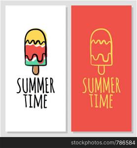 Vector calligraphy illustration Summer time with ice cream icon. Drawn art sign. Lettering typography poster. Funny greetings for clothes, card, badge, icon, postcard, banner, tag, stickers, print.