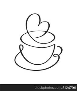 Vector calligraphy love coffee or tea cup on saucer heart. Black and white calligraphic illustration. hand drawn design for logo, icon cafe, menu, textile material.. Vector calligraphy love coffee or tea cup on saucer heart. Black and white calligraphic illustration. hand drawn design for logo, icon cafe, menu, textile material