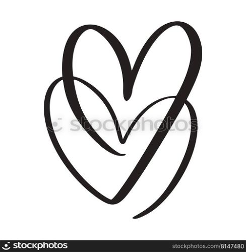 Vector calligraphy two hearts love sign one line. Romantic valentine day symbol linked, passion and wedding. Template for t shirt, card, poster. Design flat illustration.. Vector calligraphy two hearts love sign one line. Romantic valentine day symbol linked, passion and wedding. Template for t shirt, card, poster. Design flat illustration