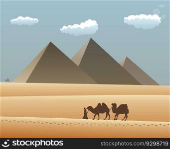 vector camels and bedouin in desert with egyptian pyramides