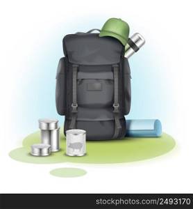 Vector camping stuff big gray backpack, green cap, blue mat, thermos and canned goods on background. Vector camping stuff